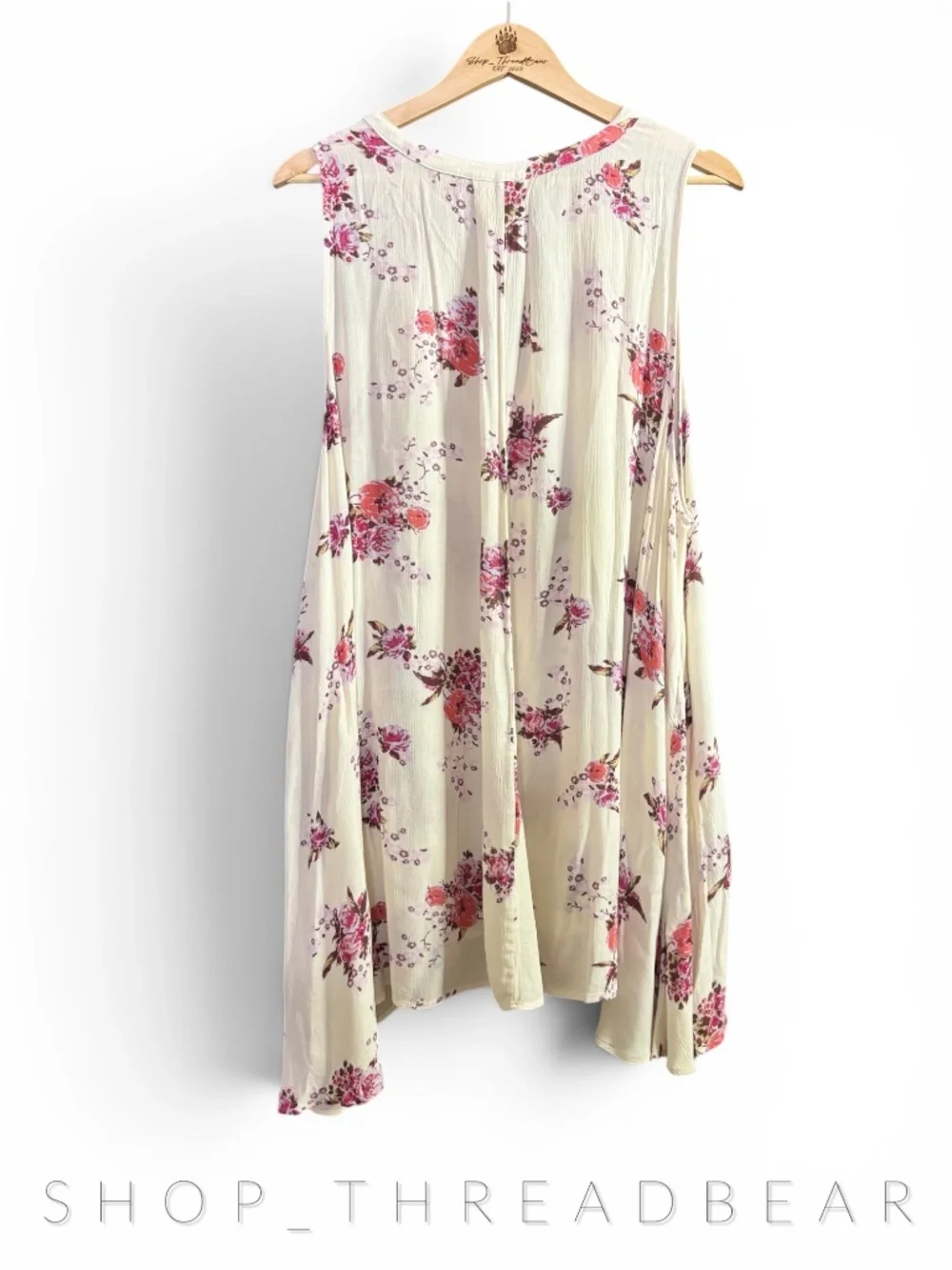 EUC ✵☽Free People☾✵ Sleeveless Ivory Pink Floral V Neck Mini Swing Dress | Large